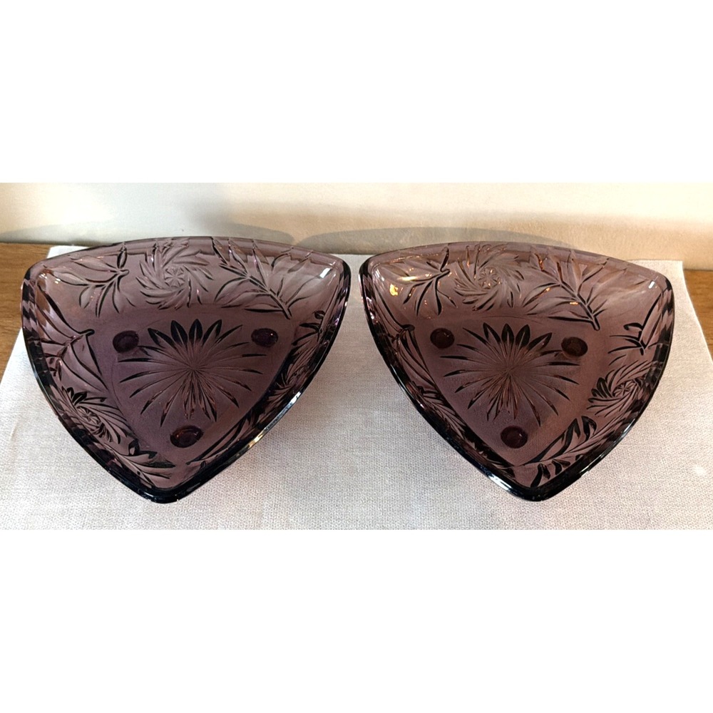 Set of 2 Vintage Hazel Atlas Amethyst Glass Trinket Jewelry Dish w/3-Footed Base